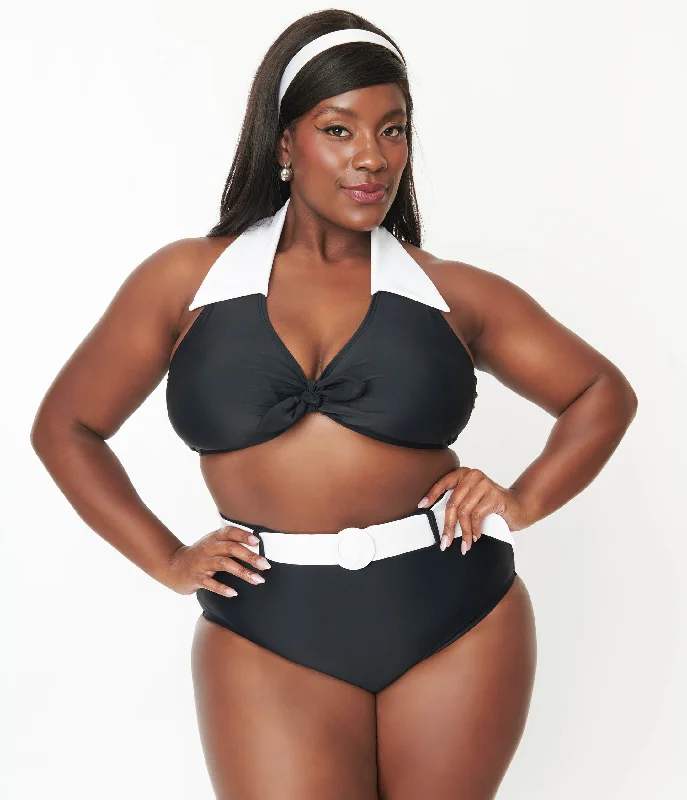 Plus Size Women's Print - Blocked Swim Tops in Multicolor for a Trendy and Fashion - Forward Look Unique Vintage Plus Size Black & White Halter Swim Top Plus Size Women's Print - Blocked Swim Tops in Multicolor for a Trendy and Fashion - Forward Look Unique Vintage Plus Size Black & White Halter Swim Top