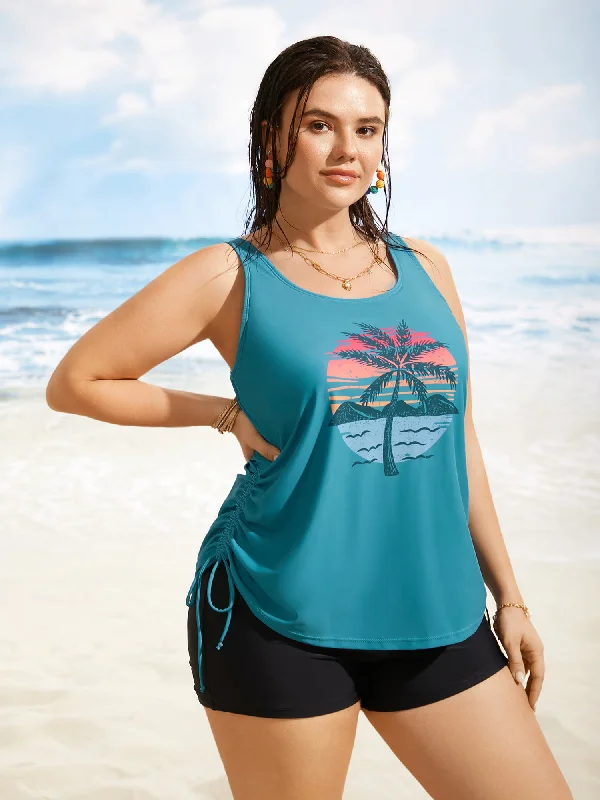 Women's Color - Blocked Swim Tops in Orange and Pink for a Vibrant Summer Look Island Print Drawstring Adjustable Swim Top Women's Color - Blocked Swim Tops in Orange and Pink for a Vibrant Summer Look Island Print Drawstring Adjustable Swim Top