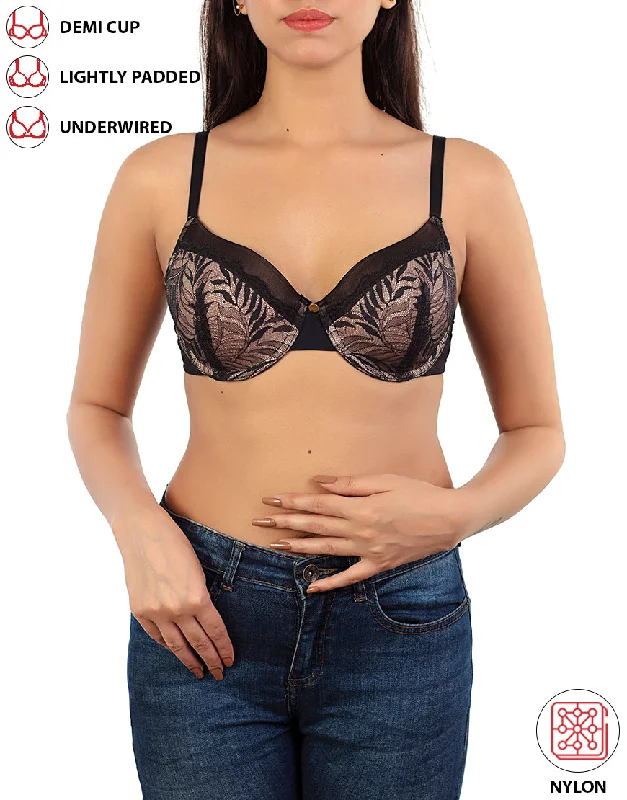 Seamless underwire wired bras for a smooth look FEATHER LIGHT PADDED LACE DEMI CUP BRA-BLACK Seamless underwire wired bras for a smooth look FEATHER LIGHT PADDED LACE DEMI CUP BRA-BLACK
