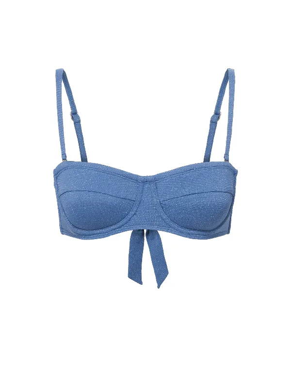 Women's Halter Neck Swim Tops with Tie - Back in Neon Colors for a Bold Summer Vibe Nellie Top In Steel Blue Metallic Pique Women's Halter Neck Swim Tops with Tie - Back in Neon Colors for a Bold Summer Vibe Nellie Top In Steel Blue Metallic Pique