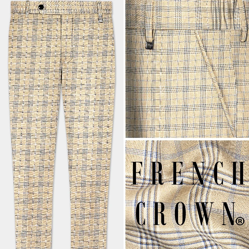 Cameo Cream Plaid Super Fine Wool Blend Stretchable Waistband Pant