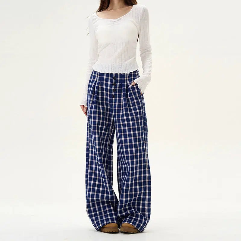 Plaid Button Wide-Leg Casual Pants