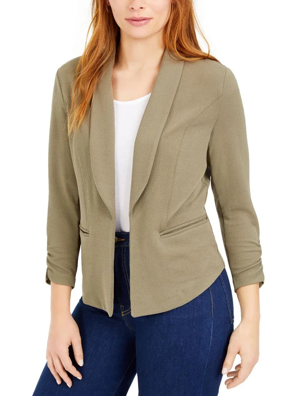 Petites Womens Crinkled Shawl Collar Open-Front Blazer