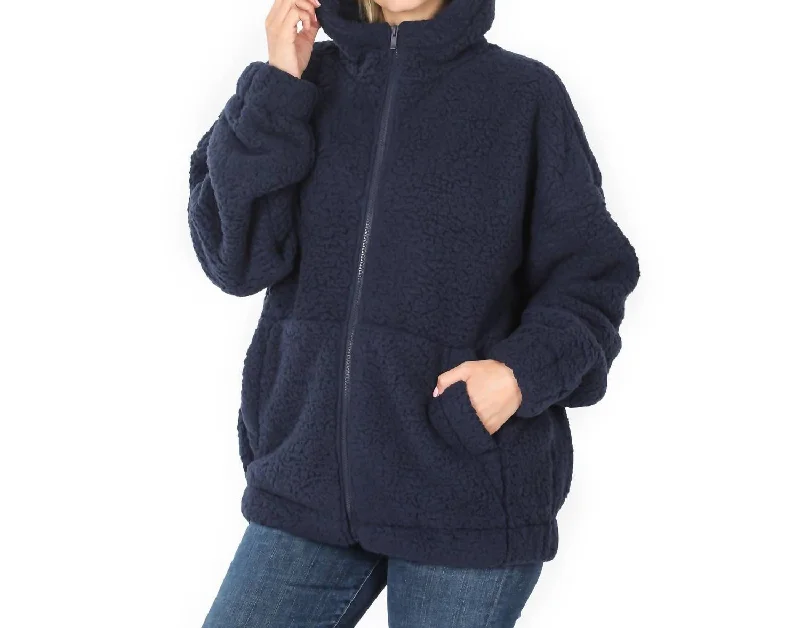 Sherpa Hooded Zipper Jacket In Navy