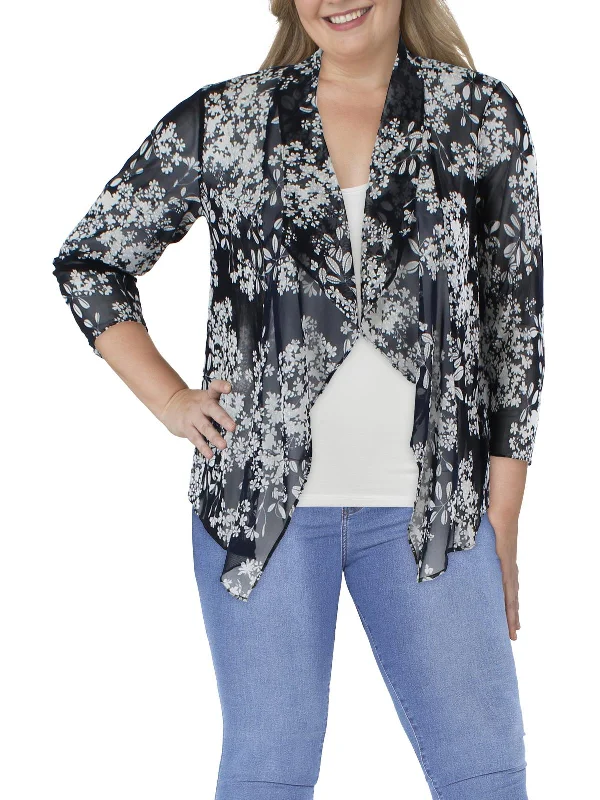 Womens Floral Print Drapey Open-Front Blazer