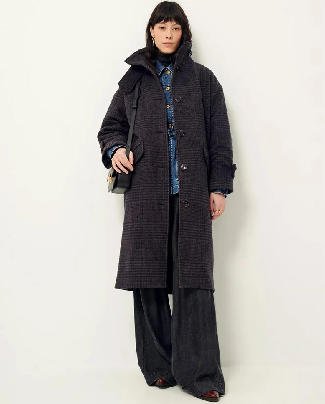 MiaMia Check Funnel Coat Navy Brown