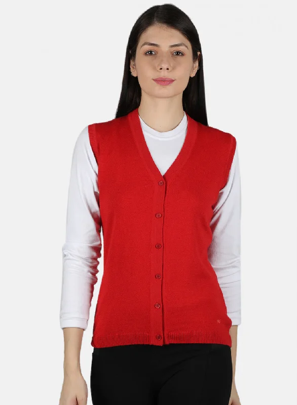 Women Red Solid Cardigan