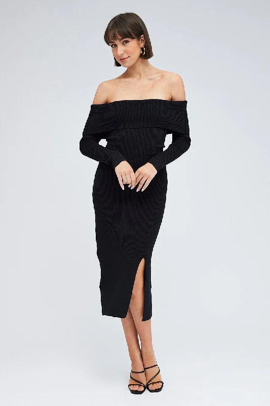 Black Midi Dress Long Sleeve Off Shoulder Bardot Knit