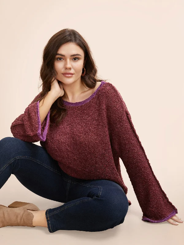 Contrast Trim Boat Neck Texture Pullover