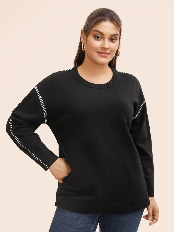 Crew Neck Contrast Trim Drop Shoulder Pullover