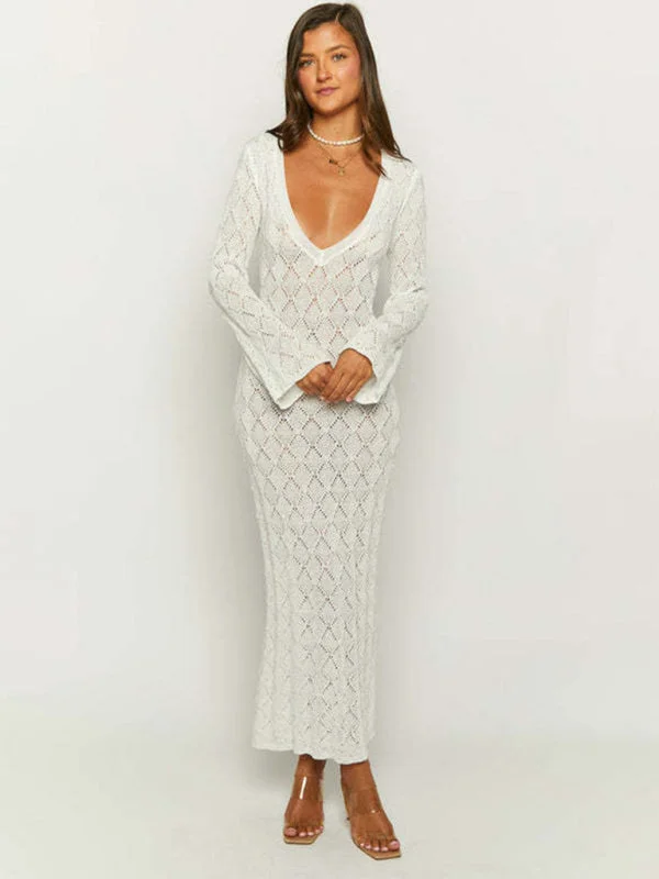 Low-cut sexy V-neck long-sleeved backless slim-fit hip-hugging knitted long maxi dress