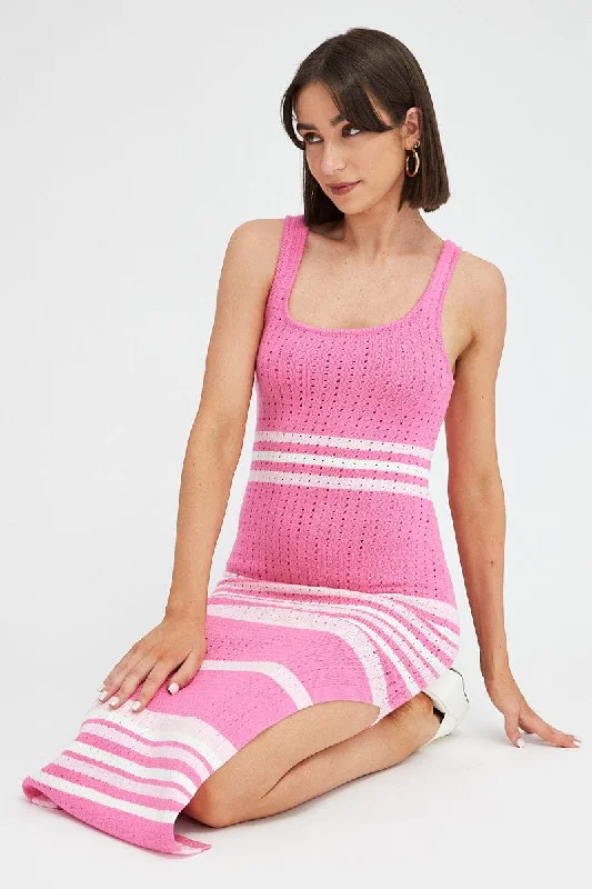 Pink Stripe Knit Dress Sleeveless Midi