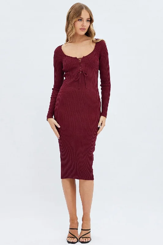 Red Knit Dress Long Sleeve Midi