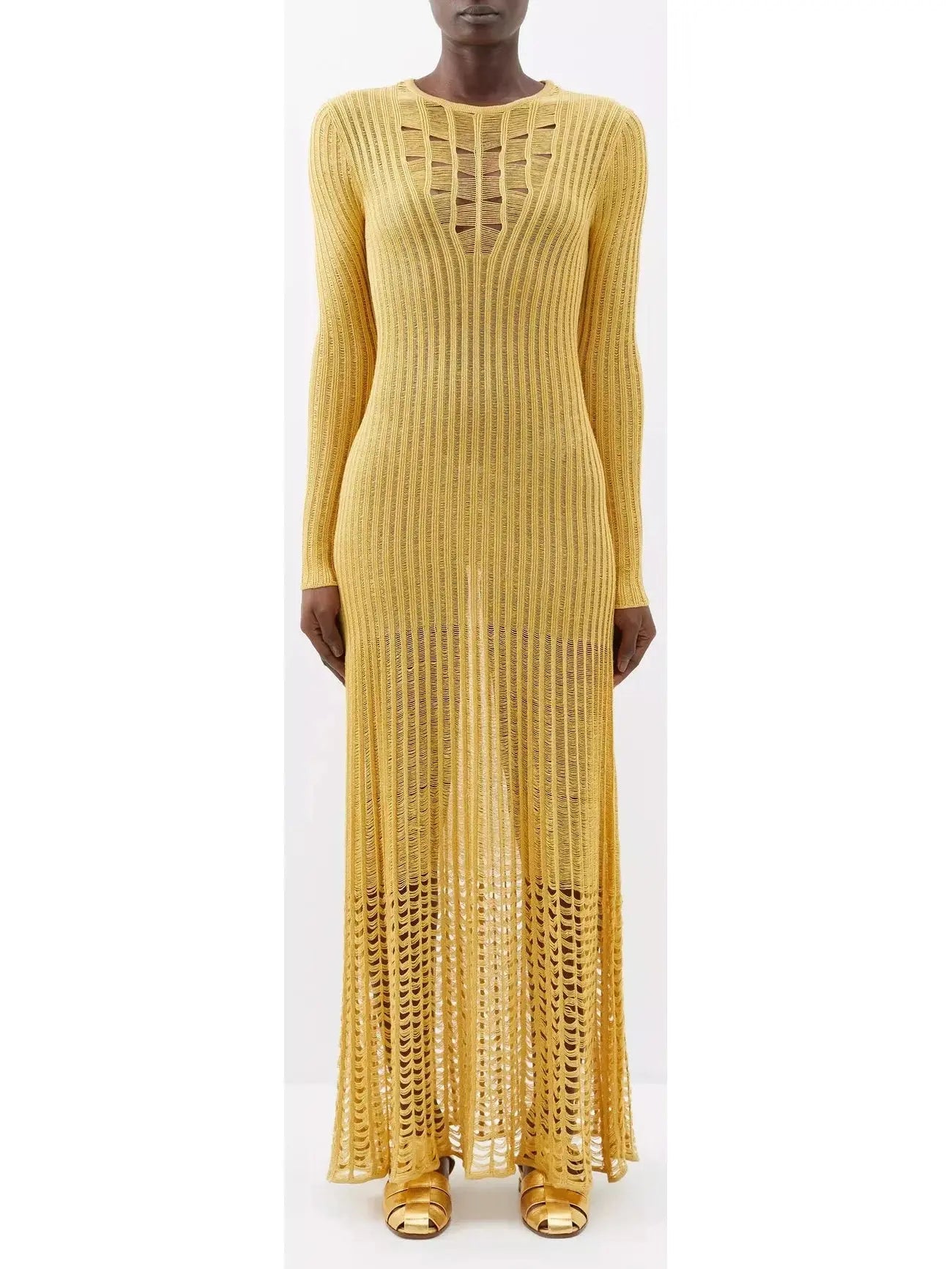 Ribbed-Knit Maxi Dress, Yellow