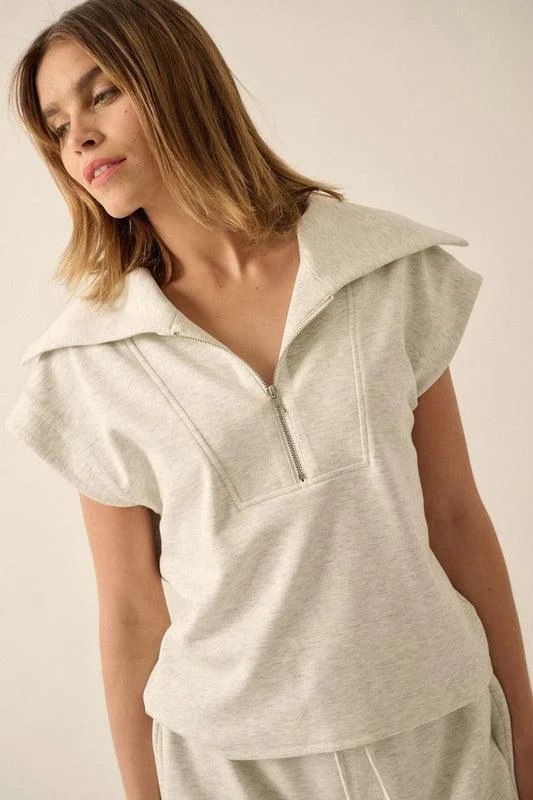 Veronica Premium Scuba Oversized Collar Half-Zip Knit Top