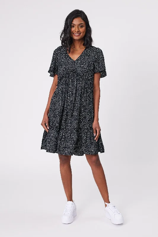 Gloss by Shine On Tammi Frill Hem Dress Black Natural Spot Print