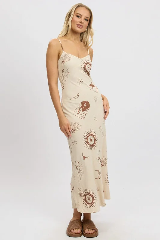 Beige Abstract Maxi Dress Bias Cut