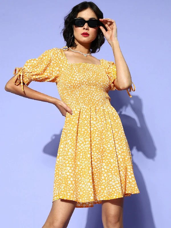 Long - Sleeve Women Dress in Velvet for a Luxurious Winter Look Long - Sleeve Women Dress in Velvet for a Luxurious Winter Look Berrylush Women Yellow & White Floral Printed Square Neck Smocked Back Crepe A-Line Mini Dress
