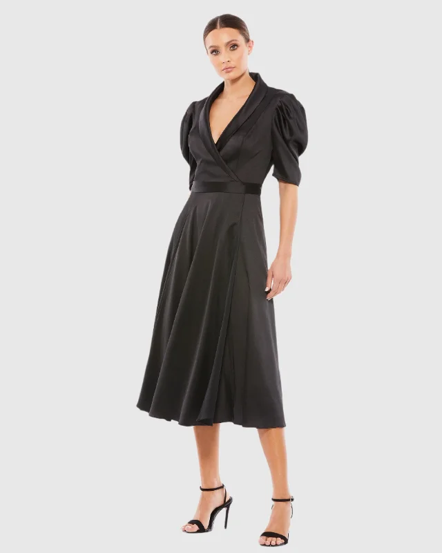 Black Satin Lapel Puff Sleeve Tea Length Dress