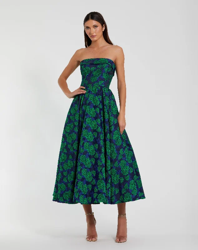 Brocade Strapless A Line Midi Dress