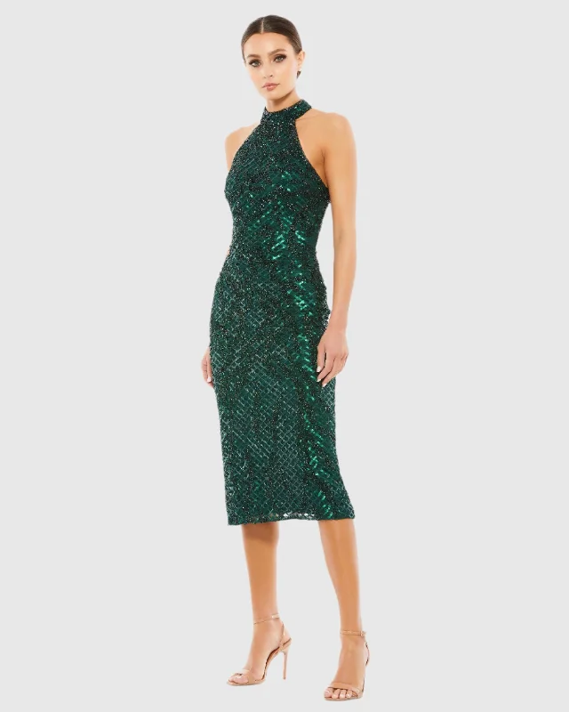 Dark Green Embellished Halter Midi Dress