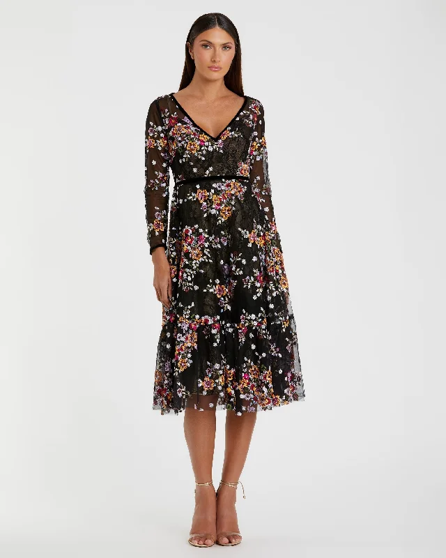 Black Floral Embroidered Tea Length Dress