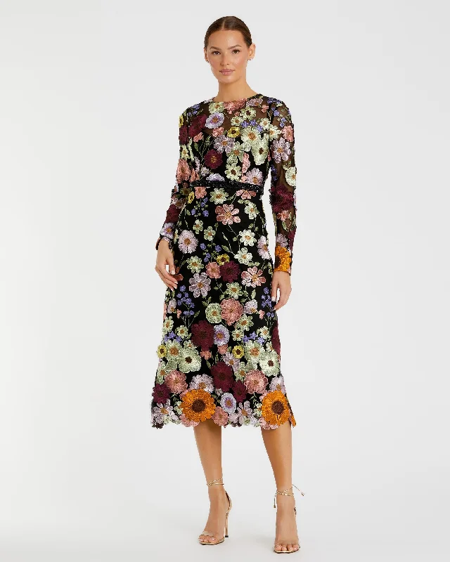 High Neck Floral Embroidered A-Line Dress