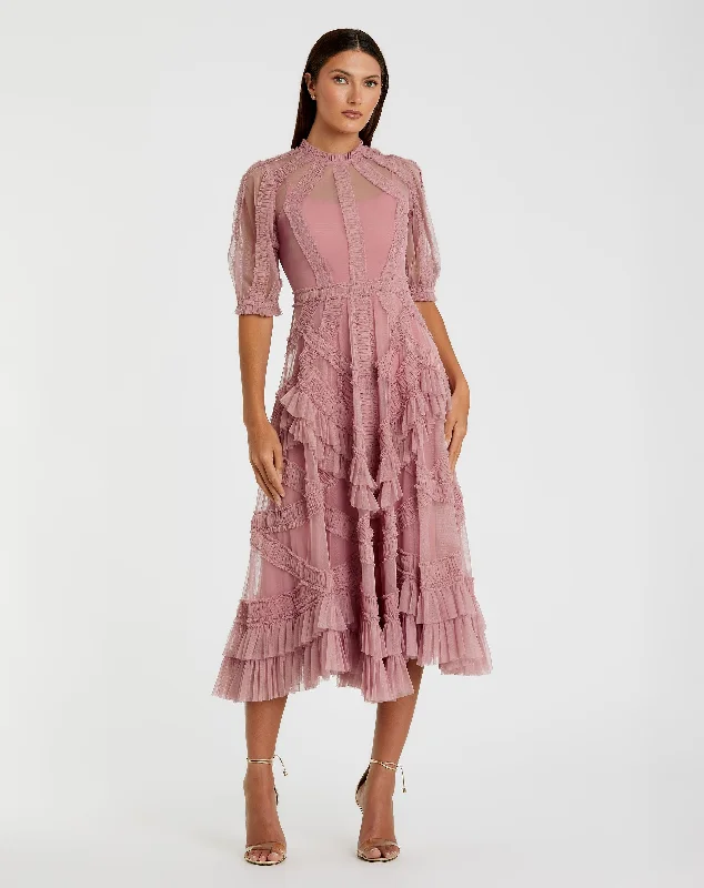 Pink High Neck Micro Ruffle Tiered Midi Dress