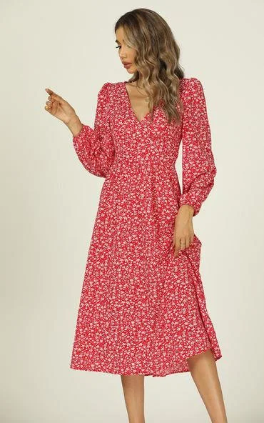 Button Down V Neck Long Sleeve Midi Dress In Red Floral Print