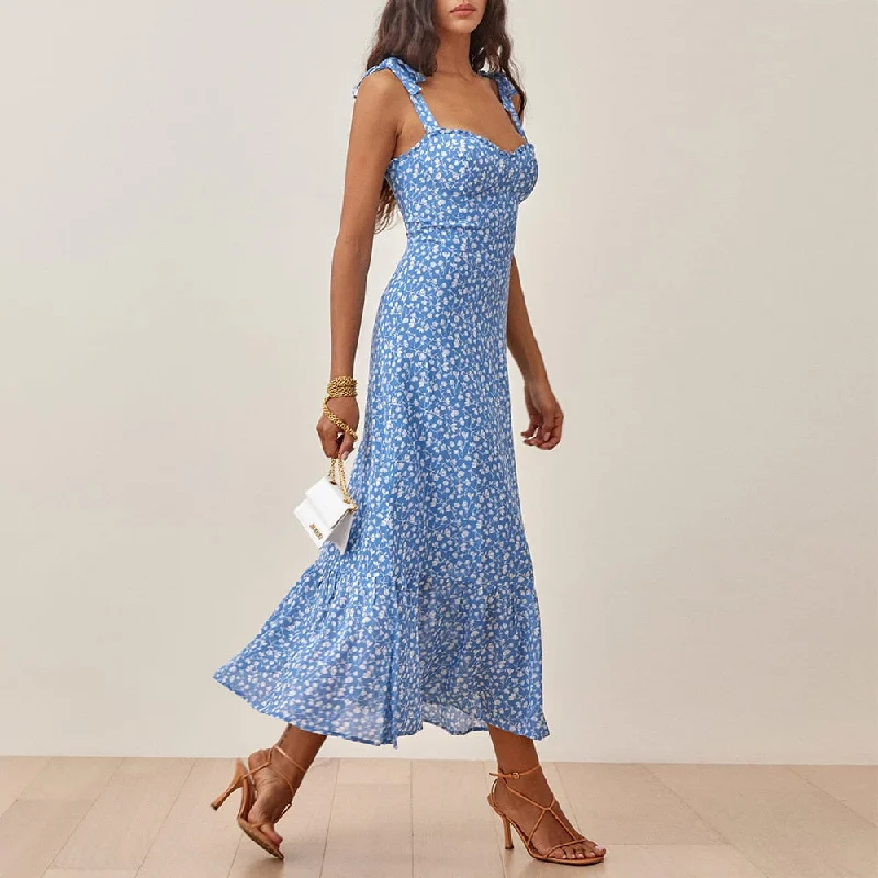 FashionSierra - Elegant Ruffle Hem Floral Chiffon Midi Dress Neck Strap Tie Sexy Slip Dress