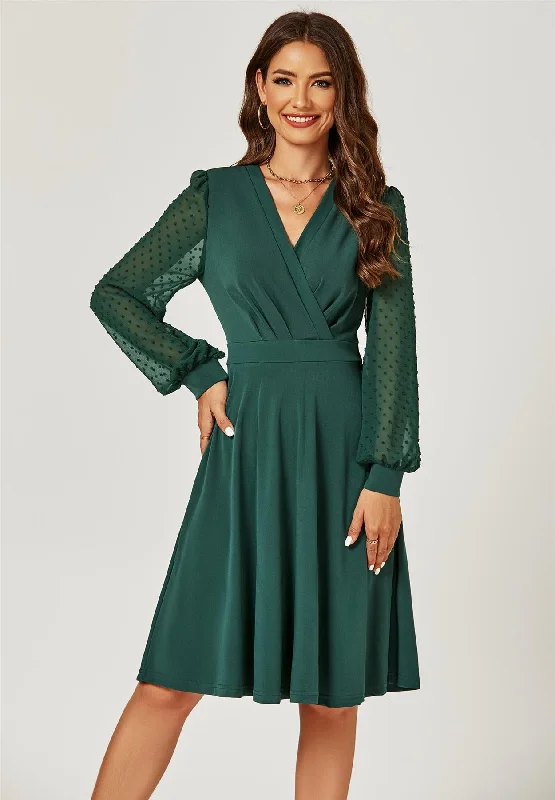 Long Chiffon Sleeve Pleated Midi Dress In Dark Green