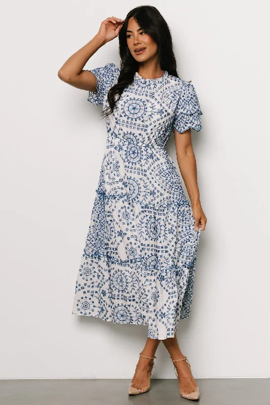 Mirabel Eyelet Midi Dress | White + Blue