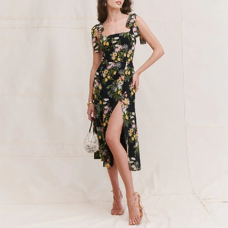 FashionSierra - Sexy Midi Dress Elegant Vintage Floral Print Chiffon Summer Boho Beach Dress