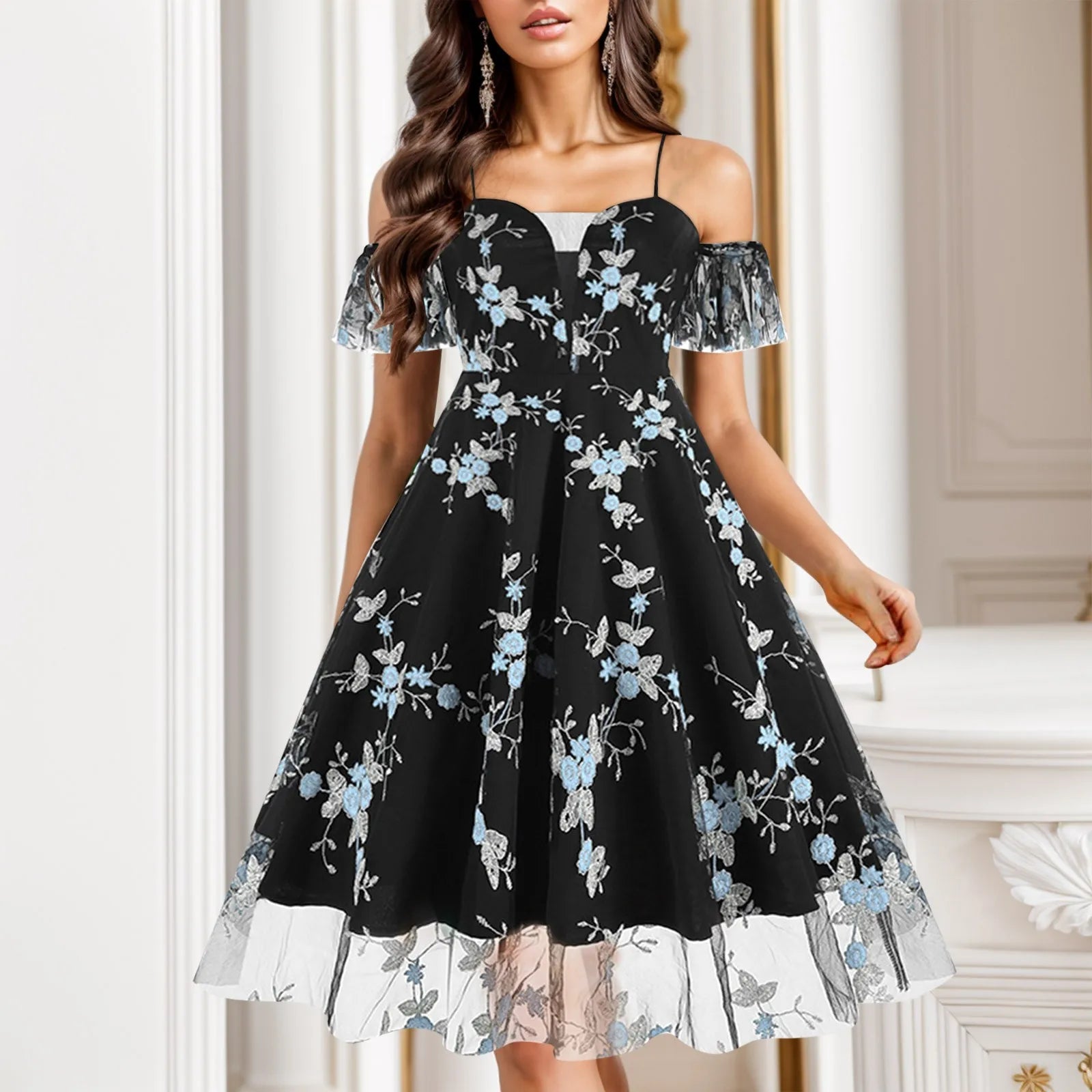 FashionSierra - Summer Floral Embroidery Mesh Patchwork Off Shoulder Spaghetti Strap A-Line Midi Dress