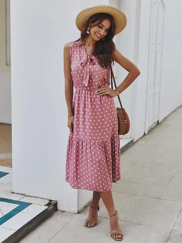 Tiered Midi Dress In Pink Polka Dot